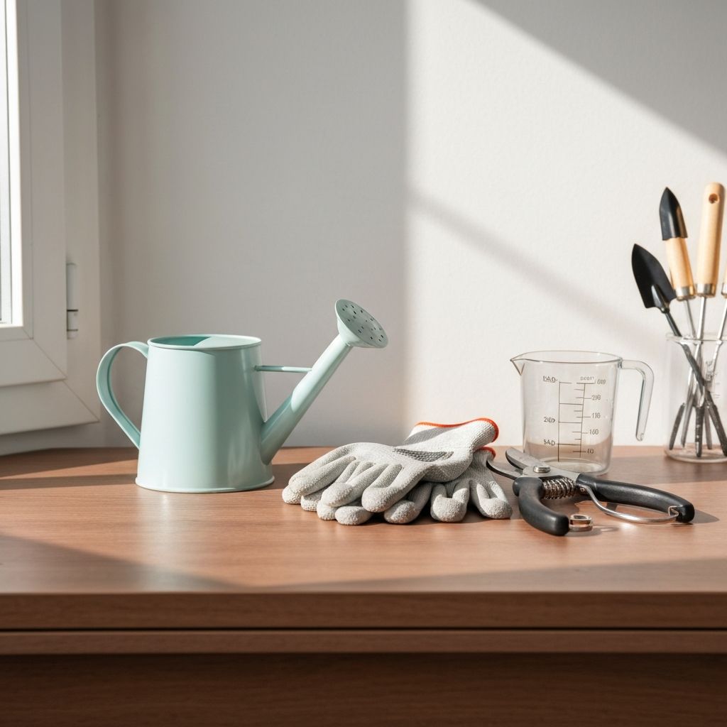 Stadtsähe Pflanzenpflege-Zubehör: kleine Gießkanne, Gartenschere, Handschuhe, Messbcher auf Holzschreibtisch