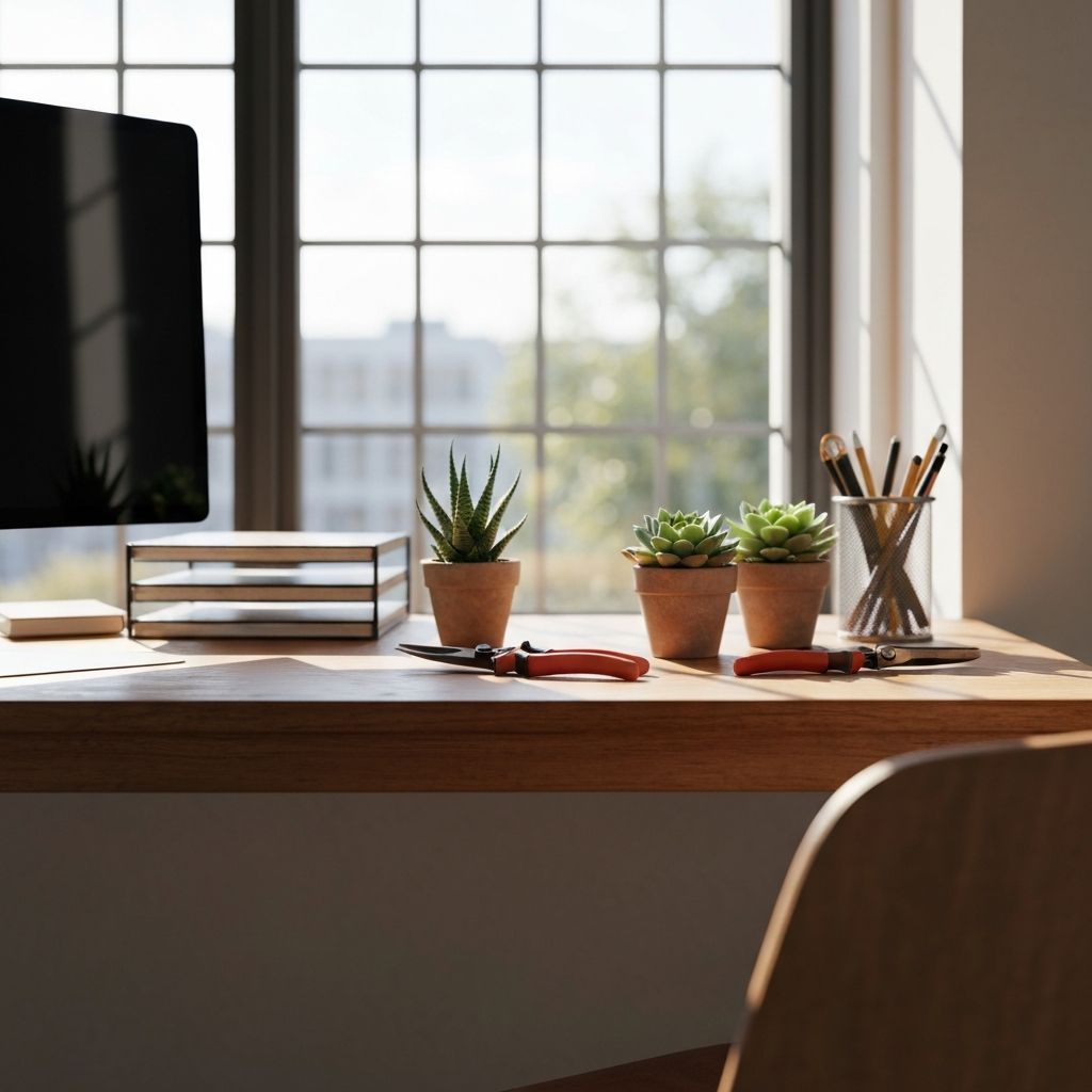 Moderner Arbeitsplatz mit Sukkulenten in Töpfen, Werkzeugen und natürlichem Tageslicht