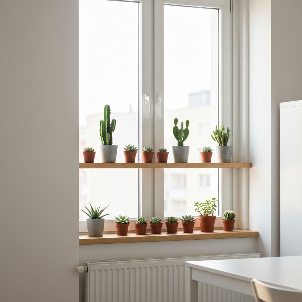 Modernes Fenster mit Sukkulenten in modernen Töpfen, natürliches Tageslicht, minimalistisches städtisches Ambiente