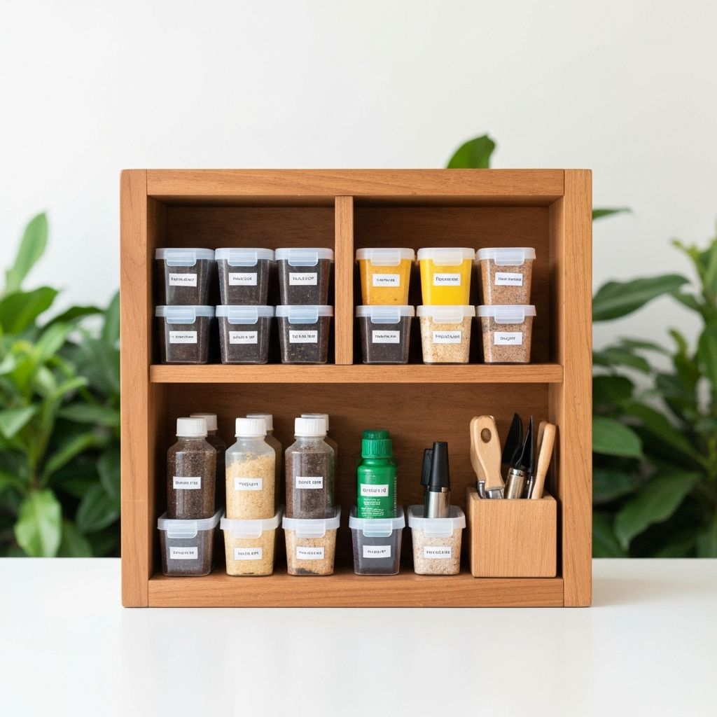 Organisiertes Lagersystem für Pflanzenpflegezubehör